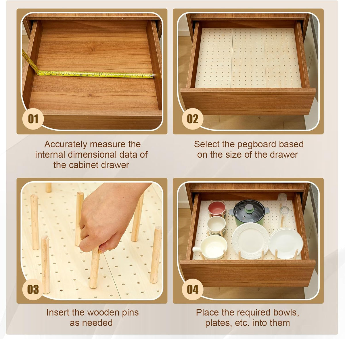 Kigley 12 Pcs Pegboard Drawer Organizer with 96 Drawer Peg Wood Peg Board Wooden Kitchen Plate Organizer for Dishes Food Containers Cookware Utensils(21 Inch,Wood Color)