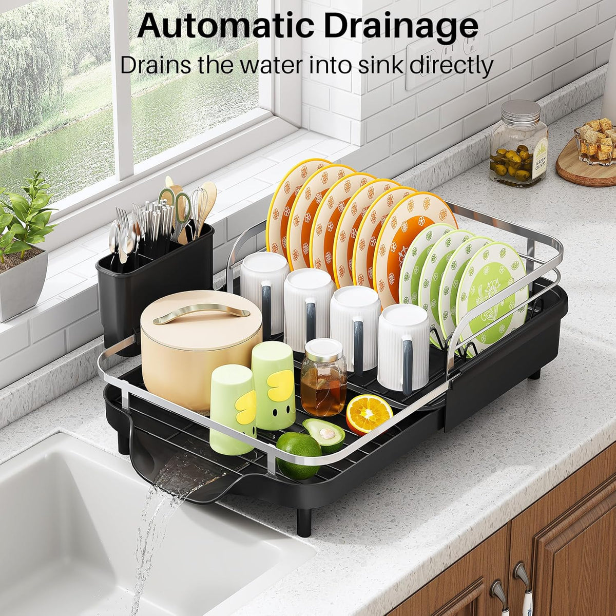 SAYZH Dish Drying Rack - Expandable Dish Rack for Kitchen Counter, Rust-Resistant Dish Drainer with Utensil Holder and Raised Guardrail, Kitchen Organizer for Cup and Bottle (Black)