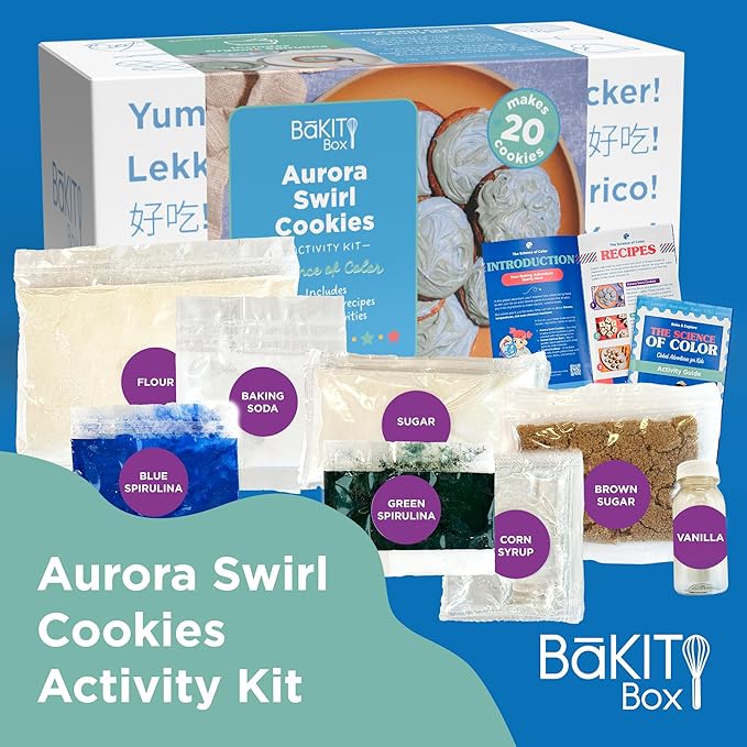 BāKIT Box Aurora Swirl Cookies Baking Kit for Kids, STEM Science of Color Educational Activity Kit, Learn Chromatography, Color Mixing, & More, Includes Organic Food Coloring with Spirulina, Ages 6–13