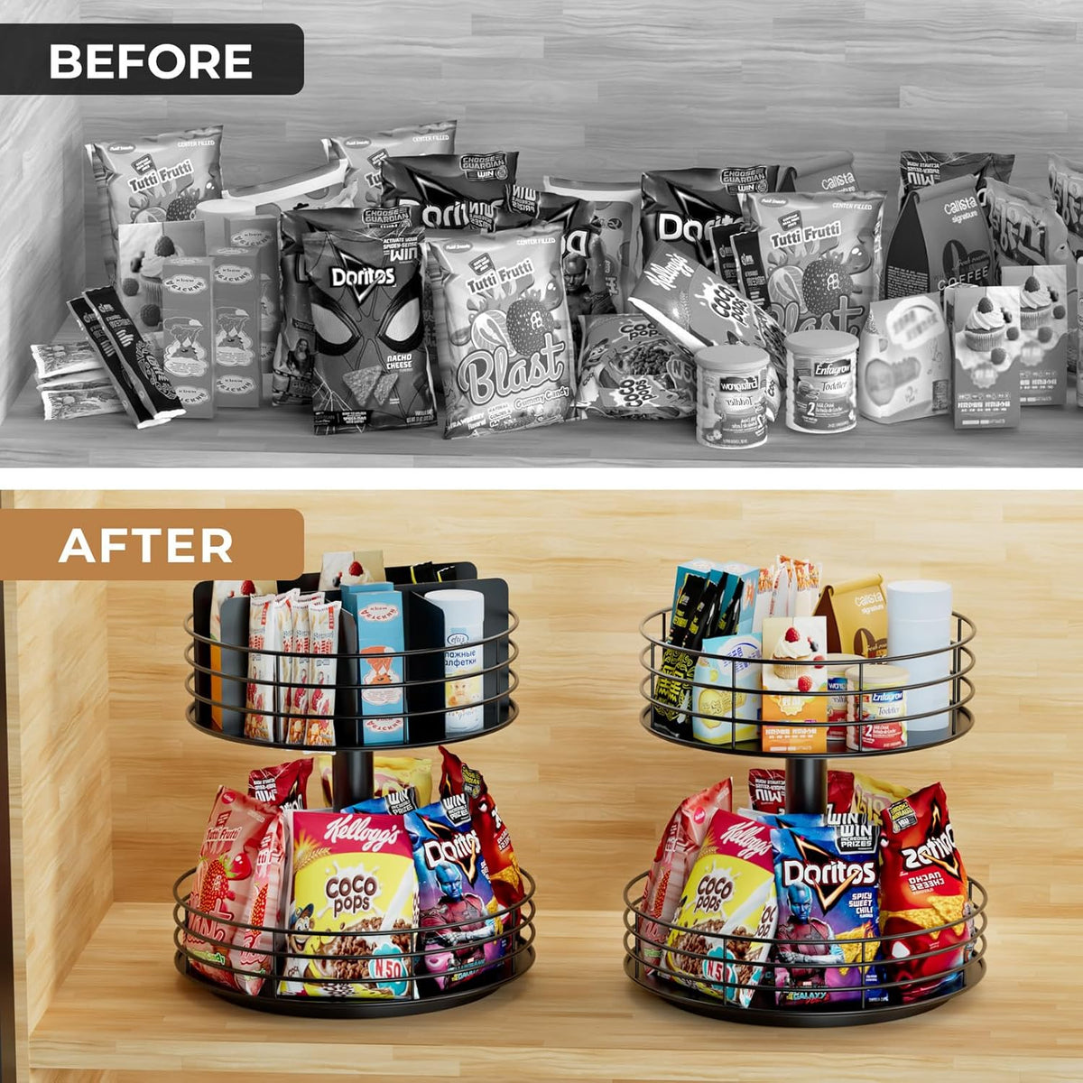 Snack Organizer - Versatile Snack Storage 2 Tier Lazy Susan with Convenient Grab-and-Go Design, Metal Snack Holder for Home, Office, Breakroom, 11.85" L x 11.85" W x 13.3" H (Matte Black)
