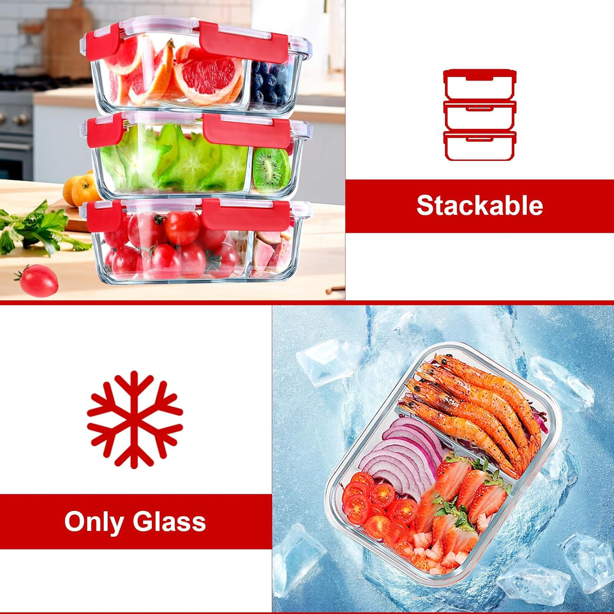 VERONES 5 Pack Glass Meal Prep Containers 2 Compartment Set, 36OZ Airtight Glass Lunch Containers, Glass Food Storage Containers with Lids, for Microwave, Oven, Freezer & Dishwasher Friendly,Red