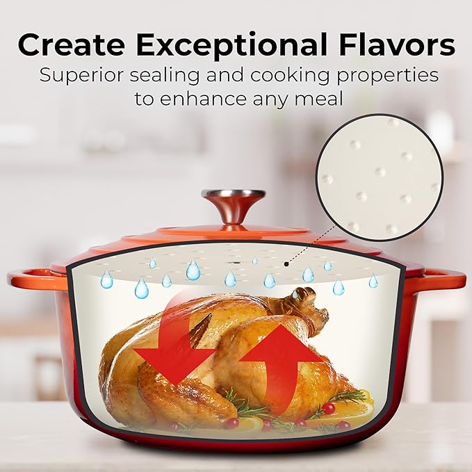 Zulay Kitchen 5 Quart Enameled Cast Iron Dutch Oven Pot with Lid – Premium Durability & Oven Safe up to 500°F – Heavy Duty Cookware Perfect for Bread Baking, Stews, Braising & Roasting – Orange