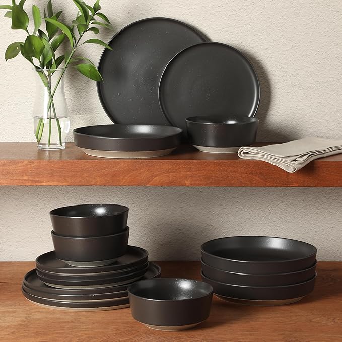 Gibson Elite Overbrook 16-Piece Pottery Clay Stoneware Dinnerware Set – Black Reactive Glaze, Stackable Plates and Bowls W/Pasta Bowl, Service for 4 – Microwave & Dishwasher Safe