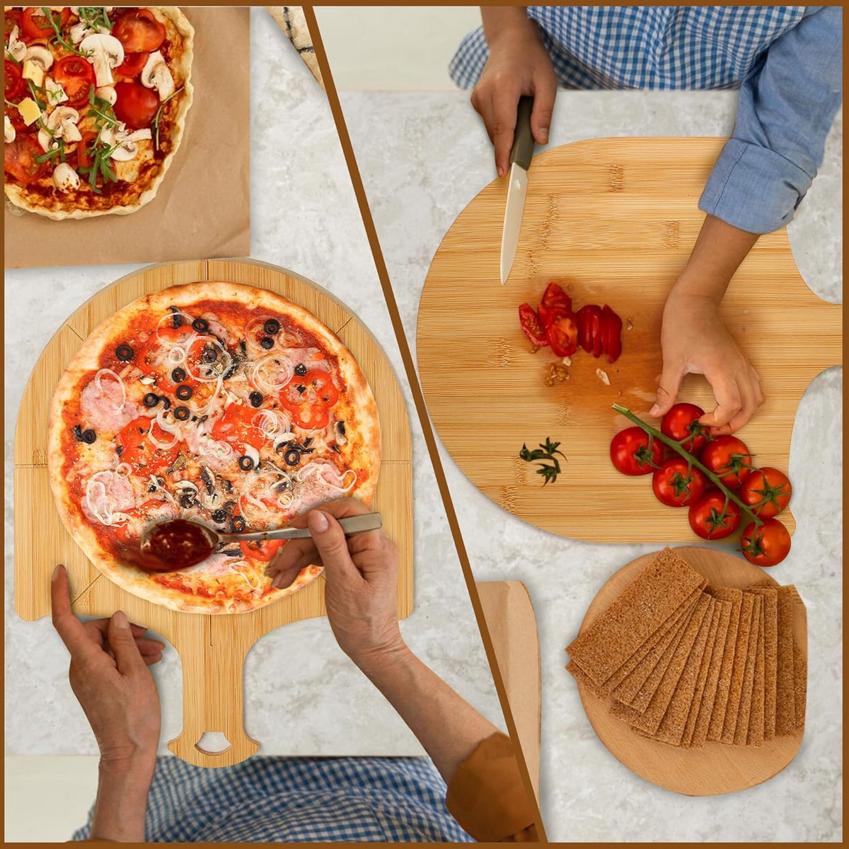 Pizza Peel Wooden, 12 Inch Pizza Spatula Wood Non-Stick, Bamboo Pizza Paddle as Cutting Board with Cutting Grooves for Easy Pizza and Bread Making