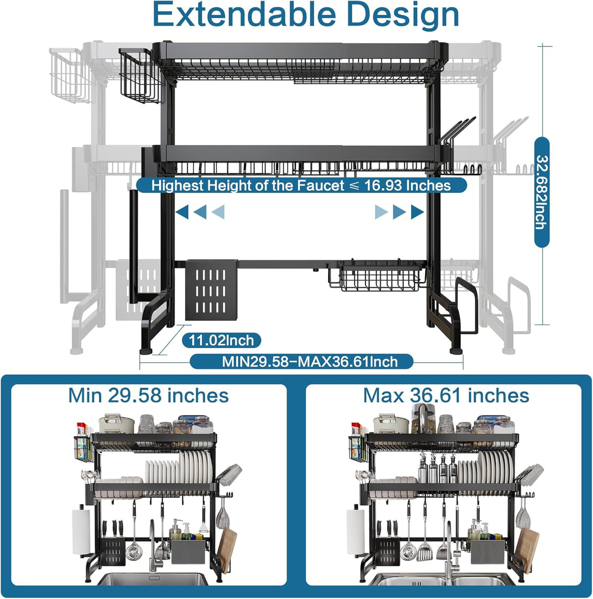 Over The Sink Dish Drying Rack,3 Tier Adjustable Length Full Stainless Steel Large Storage Kitchen Dish Rack,for Kitchen Counter Expandable Multifunctional Organizers,Silver(25.5'' to 37.4'')