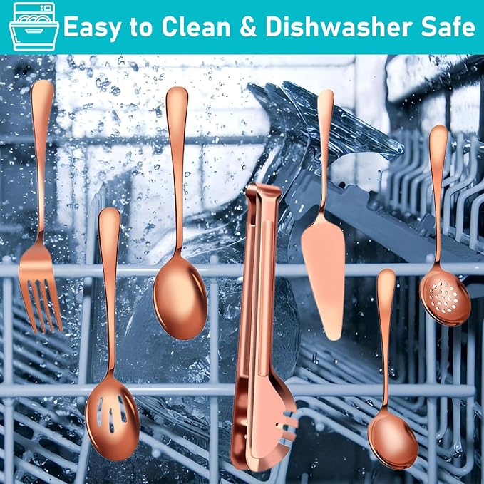 Serving Utensils, 15 Pcs Stainless Steel Large Flatware Serving Tools Kit, Included Spoons, Forks, Tongs, Slotted Spoon, Ladle, Cake Server for Catering Banquet Wedding Buffet Party, Rose Gold