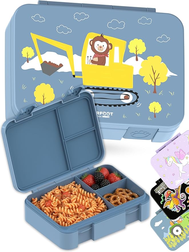 BEARFOOT Kids Lunch Box with Compartments – Compact & Lightweight | Leak-Proof, BPA-Free, Dishwasher & Microwave Safe | Hand-Drawn Design for Preschool, School, Travel (Excavator Monkey Blue, 4 Cups)