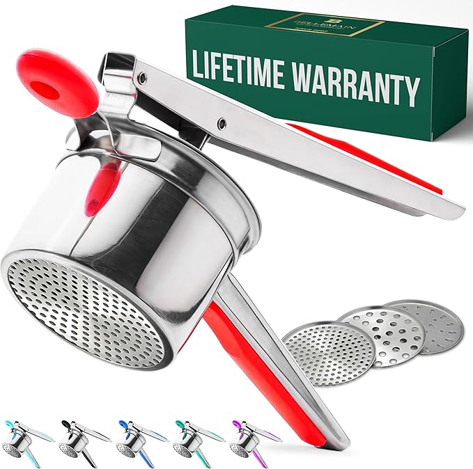 Bellemain 15 oz Large Potato Ricer | Heavy-Duty Stainless Steel Potato Ricer & Masher | Perfect for Mashed Potatoes | Kitchen Tool with 3 Interchangeable Discs