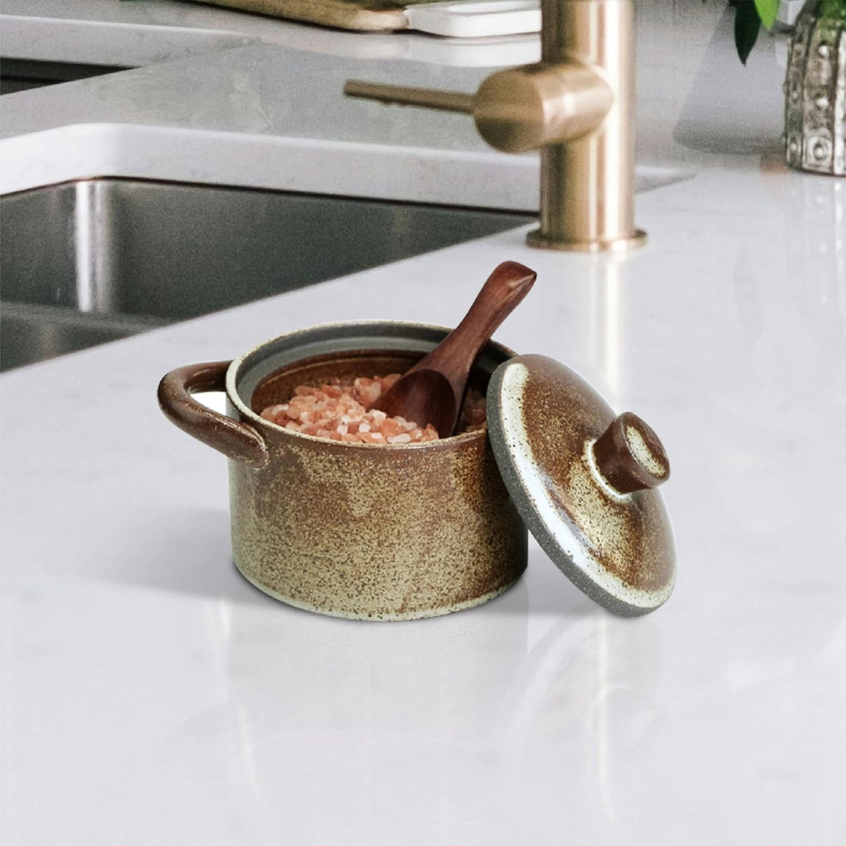 Handcrafted Speckled Ceramic Salt Cellar with Wooden Spoon, Rustic Vintage Spice Jar, Dishwasher Safe, 8.45 fl oz (Peckled Ceramic)