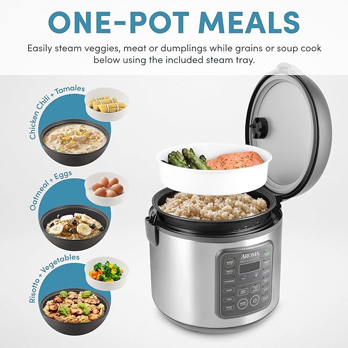 AROMA Professional Digital Rice Cooker, 10-Cup (Uncooked) / 20-Cup (Cooked), Multicooker, Slow Cooker, Steamer, Oatmeal Cooker, Egg Cooker, STS, 5 Qt, Gray, ARC-5200SG