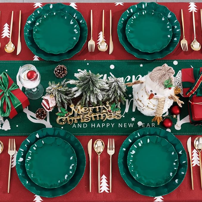LIYH 50 Pcs Dark Green Plastic Plates Reusable Christmas Plastic Plates Green Christmas Plate Unbreakable Holiday Dinnerware Set Fancy Scalloped Plate Dishwasher Safe BPA Free (25Guests)