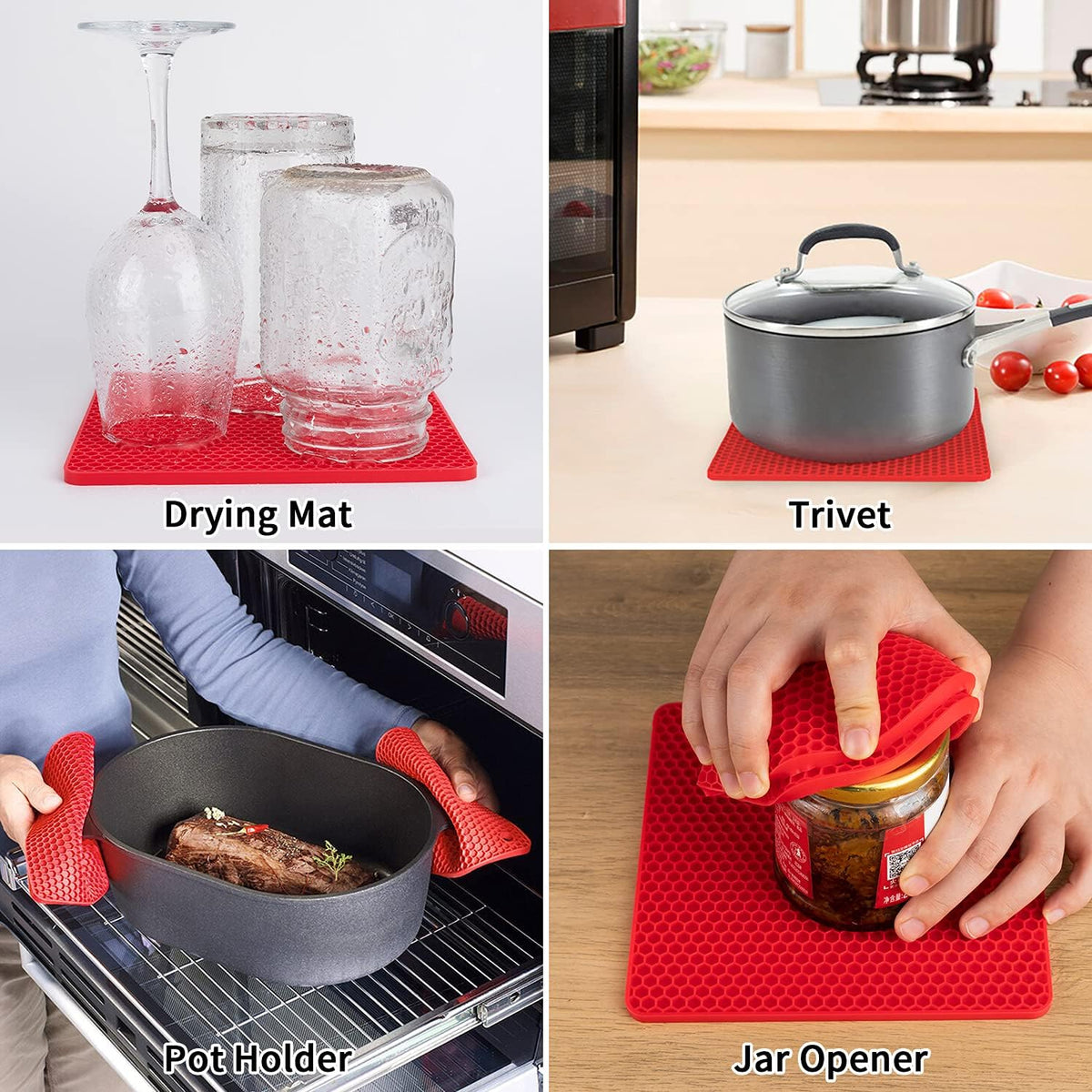 Silicone Trivets for Hot Pots and Pans, 4PCS Flexible Multipurpose Hot Pads Pot Holders, Heat Resistant Trivet Mats for Hot Dishes, Soft Non-Slip Silicone Mat for Kitchen Counter(Red)