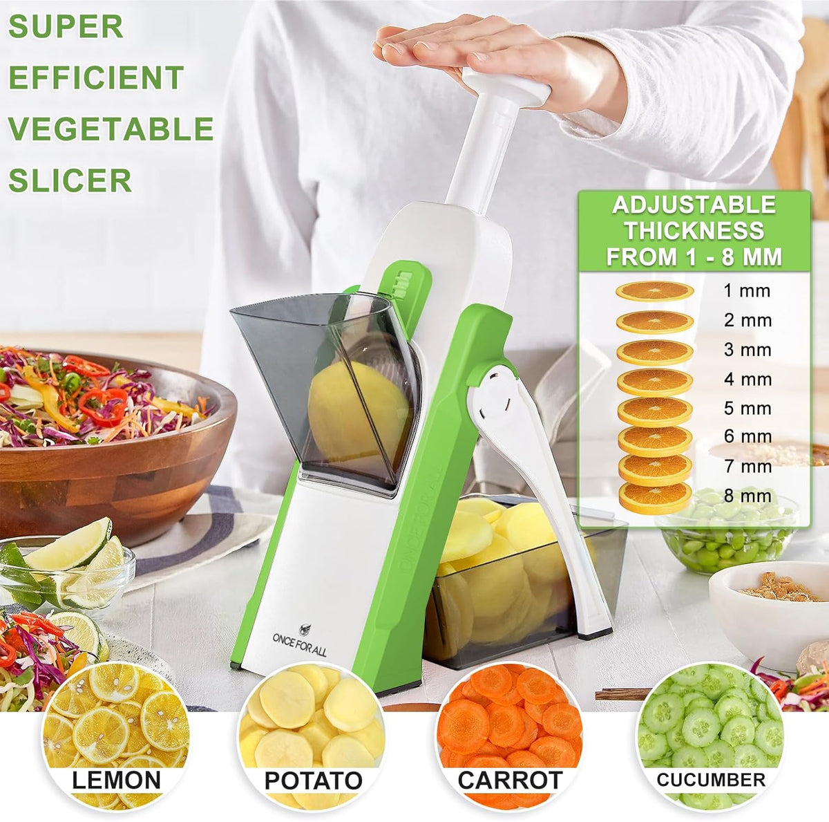 ONCE FOR ALL Safe Mandoline Slicer For Kitchen, Professional Vegetable Slicer For Food Potato Slices, Thickness Adjustable 0.1-8 mm Kitchen Artifact Fast Meal Prep (Green)