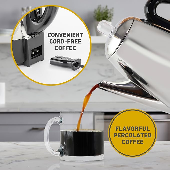 West Bend Electric Percolator Classic Style Coffee Maker with Heat Resistant Handle Base and Detachable Cord with Stainless Steel Stem and Basket, 12-Cup, Silver
