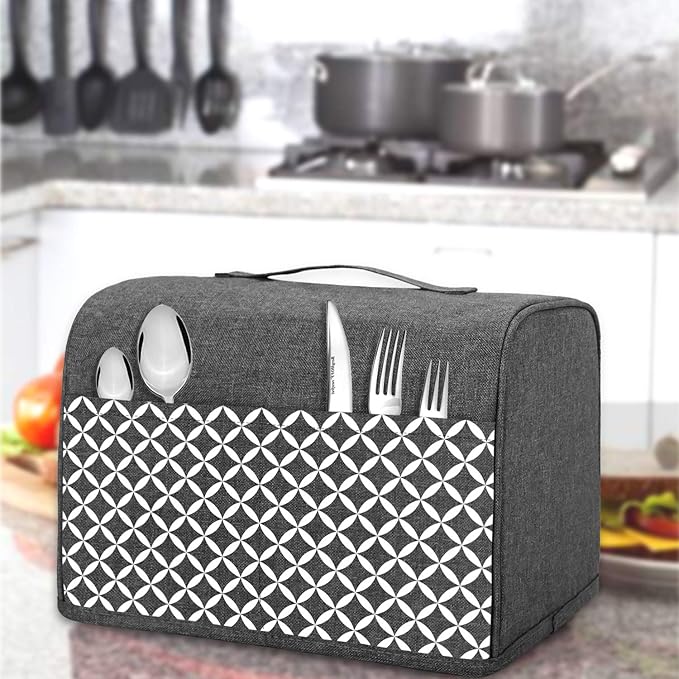 Yarwo 2 Slice Toaster Cover with Pockets and Top Handle, Nylon Toaster Cover Fits for Most Standard 2 slice Toasters, Gray with Grid