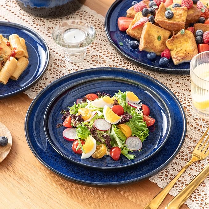 vancasso Starry 12 Pieces Dinnerware Sets for 4, Blue Reactive Glaze Dishes Sets, Ceramic Plates and Bowls Set, Dinner Salad Dessert Plates, and Cereal Bowls Set, Dishwasher and Microwave Safe