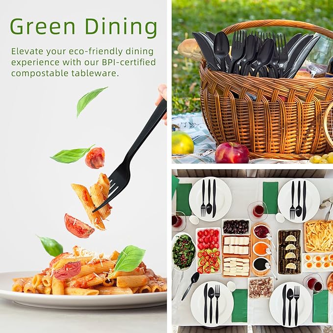 Black Plastic Silverware, Compostable No Plastic Utensils 120 Forks 120 Spoons 60 Knives Disposable Cutlery, Eco Friendly Compostable Utensils, Disposable Forks Spoons Knives Set