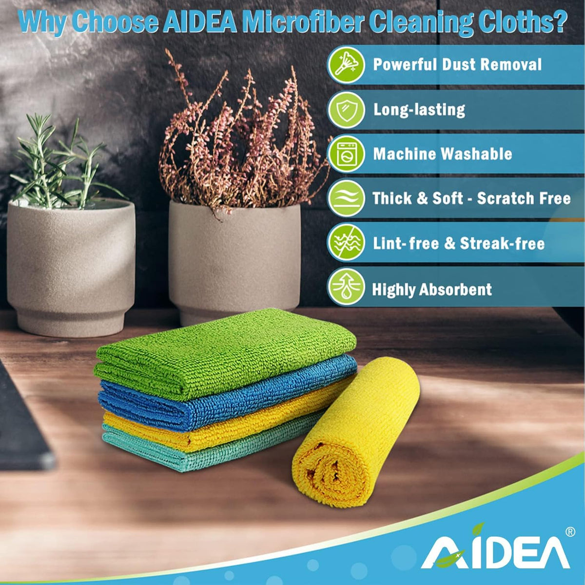 AIDEA Microfiber Cleaning Cloth, 50PK, Microfiber Towels for Cars, All Purpose Cleaning Rags for House, Dusting Cloth for Kitchen, Car, Window, 12"×12"