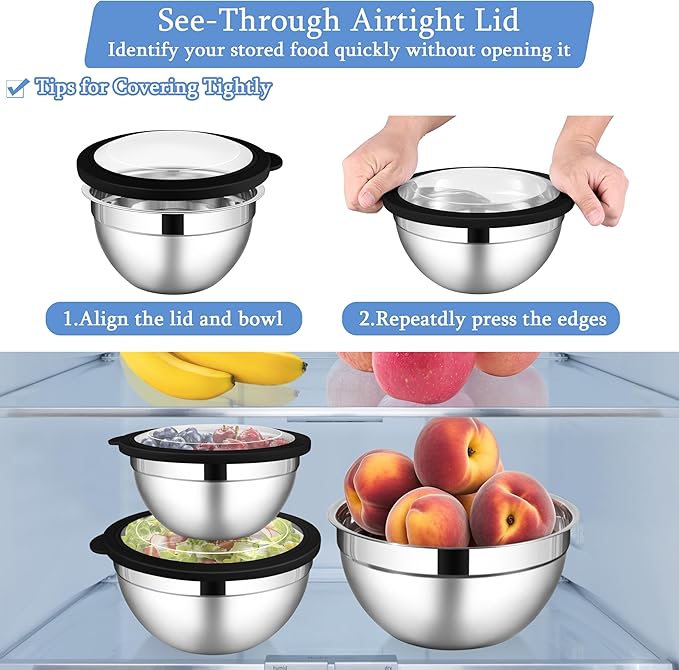 LIANYU Mixing Bowls Sets of 3, Stainless Steel Metal Nesting Mixing Bowl Sets for Kitchen, Large and Small Size 4.6 & 3 & 1.5QT, Include Transparent & Airtight Lids, Dishwasher & Freezer Safe, Black