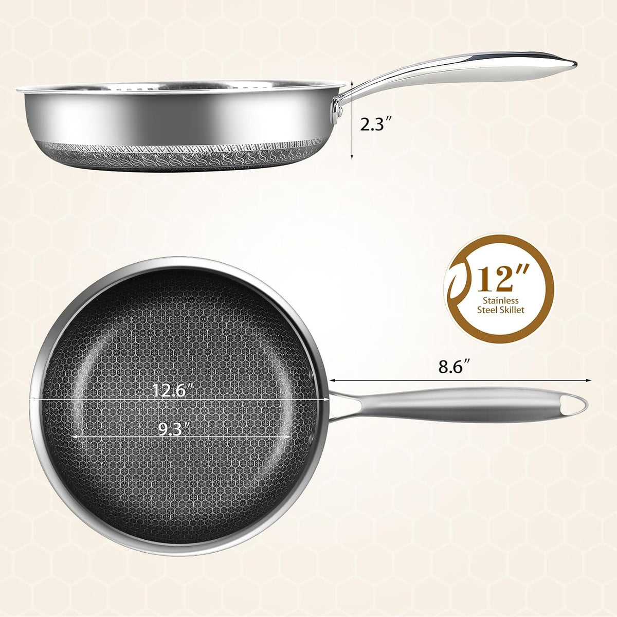 MDHAND 12 Inch Nonstick Frying Pan with Tempered Glass Lid, Premium Stainless Steel Skillet with Stay-Cool Handle, Dishwasher-Friendly, Oven-Safe, Induction Ready, Compatible with All Cooktops