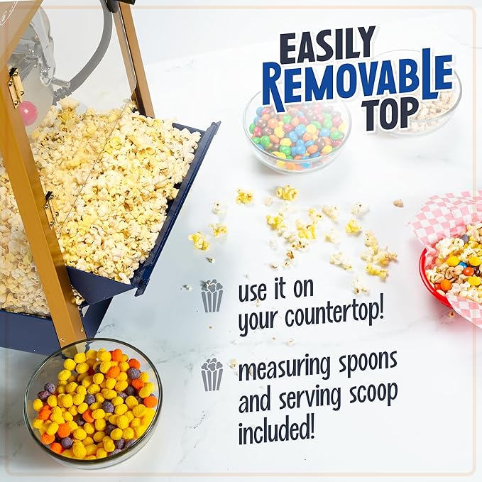 Nostalgia Popcorn Maker Machine - Professional Cart With 8 Oz Kettle Makes Up to 32 Cups - Vintage Popcorn Machine Movie Theater Style - Navy & Gold