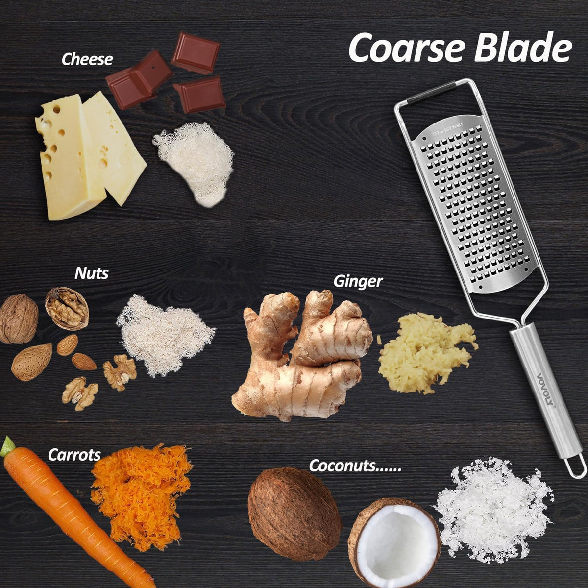 Vovoly 4-Pcs Pro Set Zester Grater Set, Cheese Grater with Razor-Sharp Stainless Steel Blade, Fine/Coarse/Extra Coarse/Slider Attachment