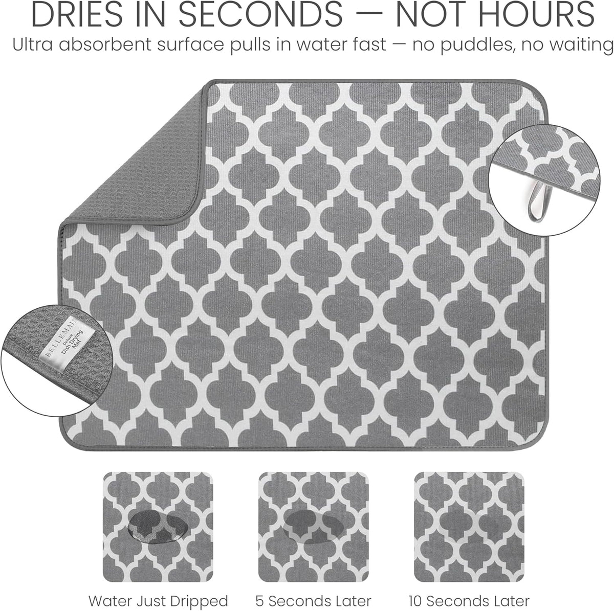 Bellemain XXL Dish Mat 24" x 17" ( LARGEST MAT ) Microfiber Dish Drying Mat , Super absorbent ( Trellis )