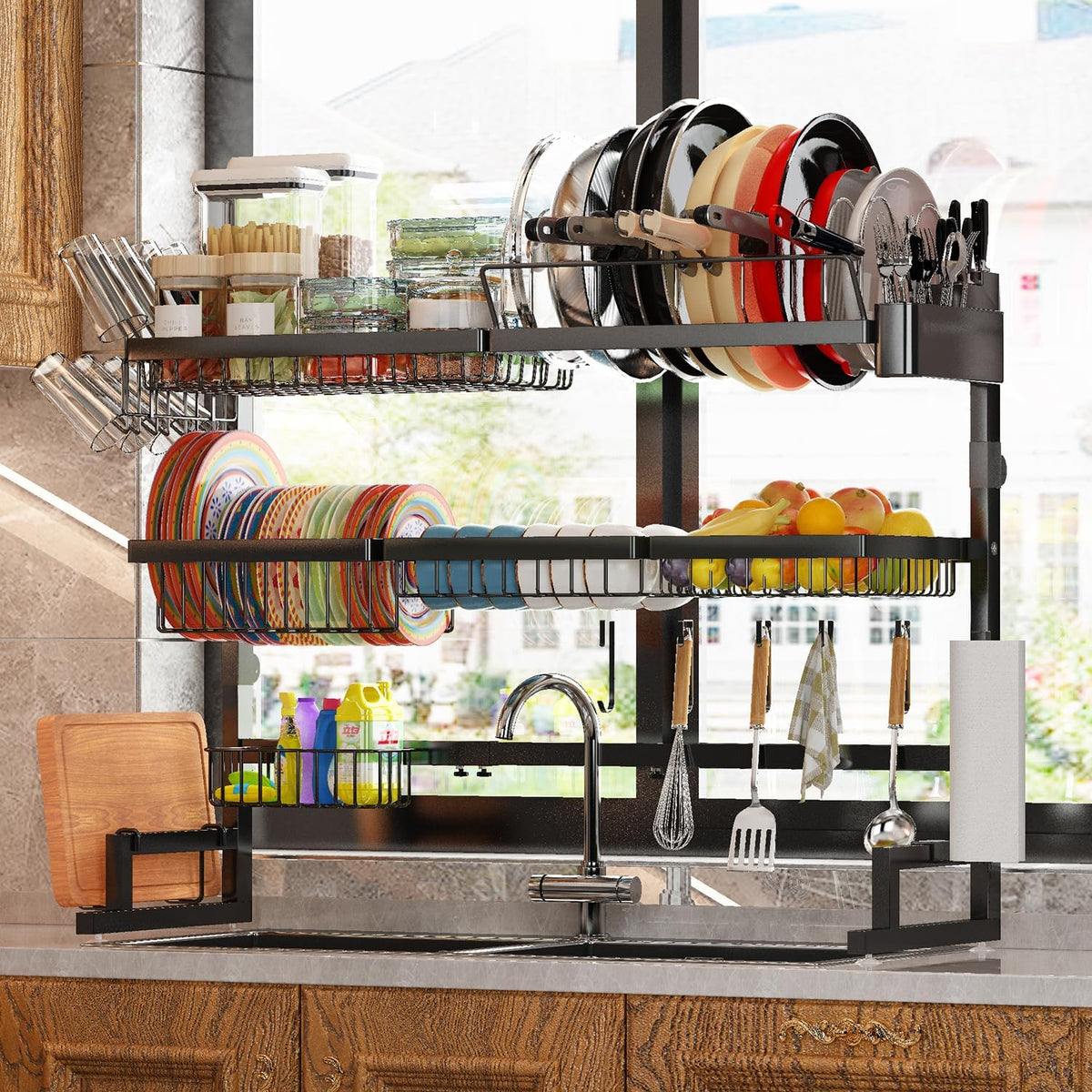Over Sink Dish Drying Rack (Expandable Height/Length) (31-39.5L x 12W x 34-38H inches) Snap-On Design Large Dish Drainer Storage Counter Organizer