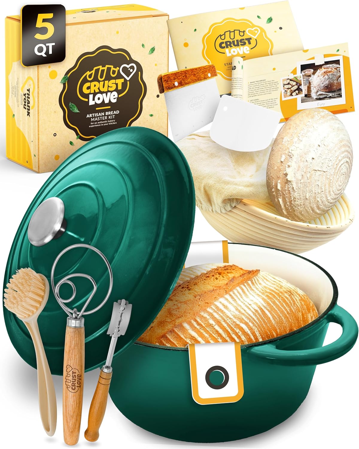 Dutch Oven for Bread Baking - incl. Sourdough Bread-Baking Supplies like Banneton Bread-Proofing Basket - 5QT Enameled Cast Iron Bread-Oven with Lid, Baking Pan, Scoring Tool Lame