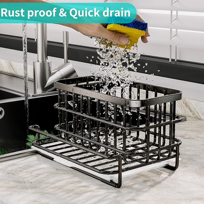 HapiRm Kitchen Sink Organizer, SUS304 Stainless Steel Rustproof Multifunctional Sink Caddy with Sponge Holder and Drain Tray for Kitchen Countertop (Black)