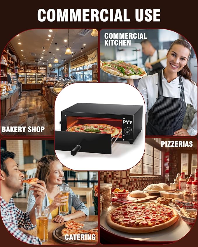 PYY Pizza Oven Electric - 12 Inch Tabletop Pizza Oven Indoor Stainless Steel Professional Pizza Cooker Baker Countertop with Timer & Crumb Tray for Home Restaurant 1100W,Black