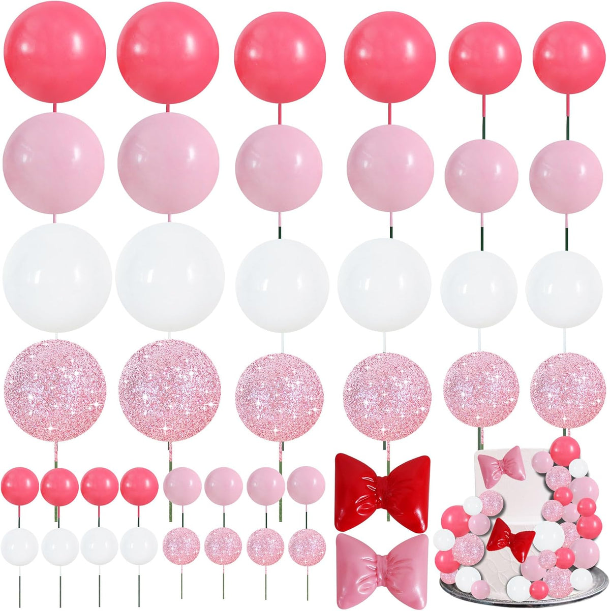 BEISHIDA 42 pcs Foam Ball Cake Toppers with Sticks Includes 2 Bow Cake Decor Perfect for Birthday Party Pink&White Theme Party Decor Wedding Anniversary Celebration(Pink, White)