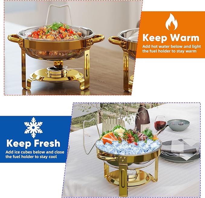 4 Pack Gold Round Chafing Dishes for Buffet, 5 QT Food Warmers and Cold Food Server for Parties, Events Hosting, Family Gatherings, Full Set Catering Supplies with Serving Utensils Accessories