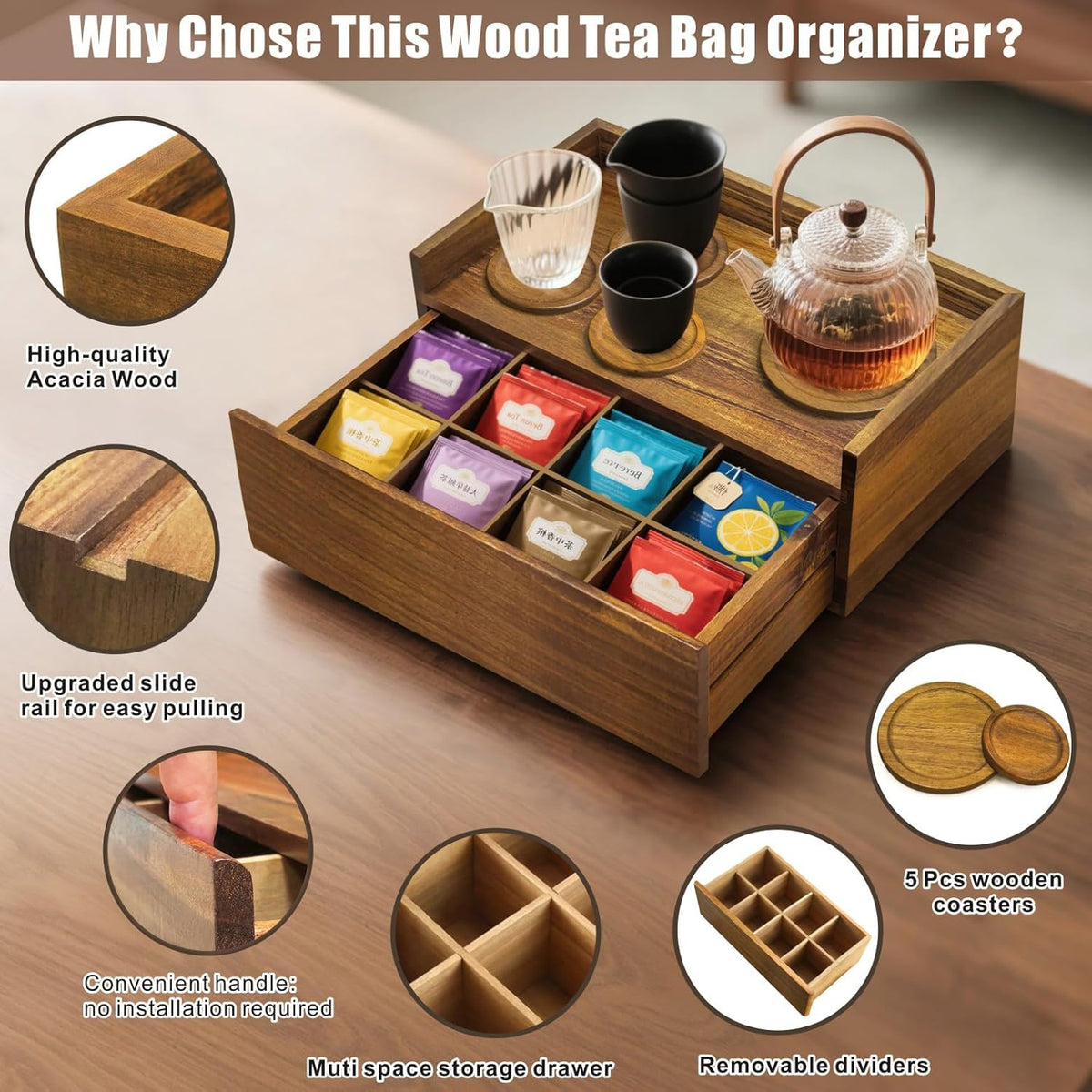 Idefair Acacia Woode Tea Box Organizer Storage Box with 5 Wooden Coasters, Tea Bags Organizer Chest Storage with Drawer, Tea Bag Box for Coffee Teabgs Countertop Display