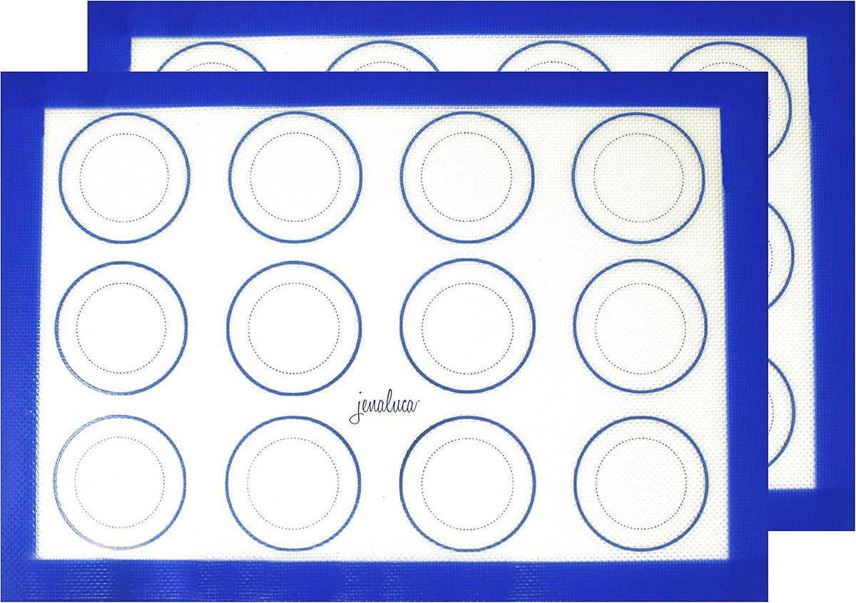 Jenaluca Silicone Baking Mats 2 Pack - Non-Stick Mats with Cookie Measurements Reusable Food Grade Silicone for Cookies, Pastries & Meal Preparation - Non Slip - 16.5 x 11.6