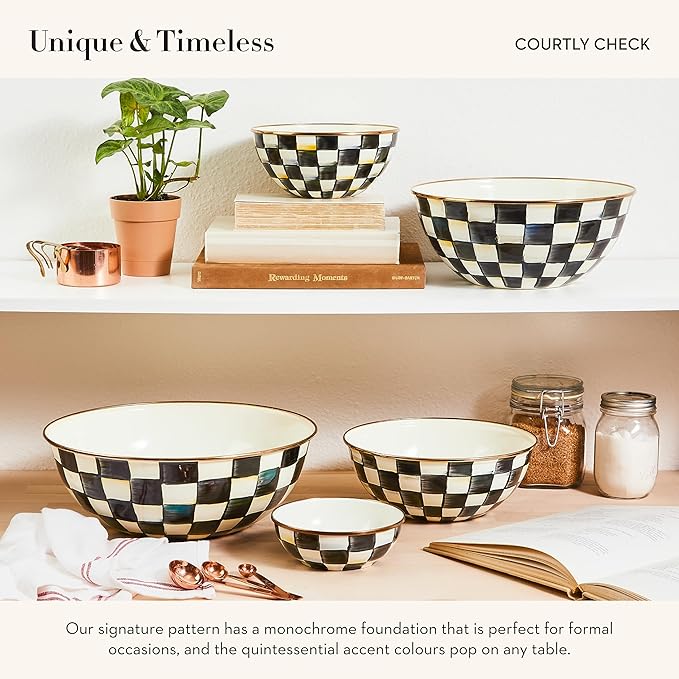 MACKENZIE-CHILDS Enamel Everyday Bowl, Serving Bowl for Entertaining, Medium, Black-and-White Courtly Check, Set of 1