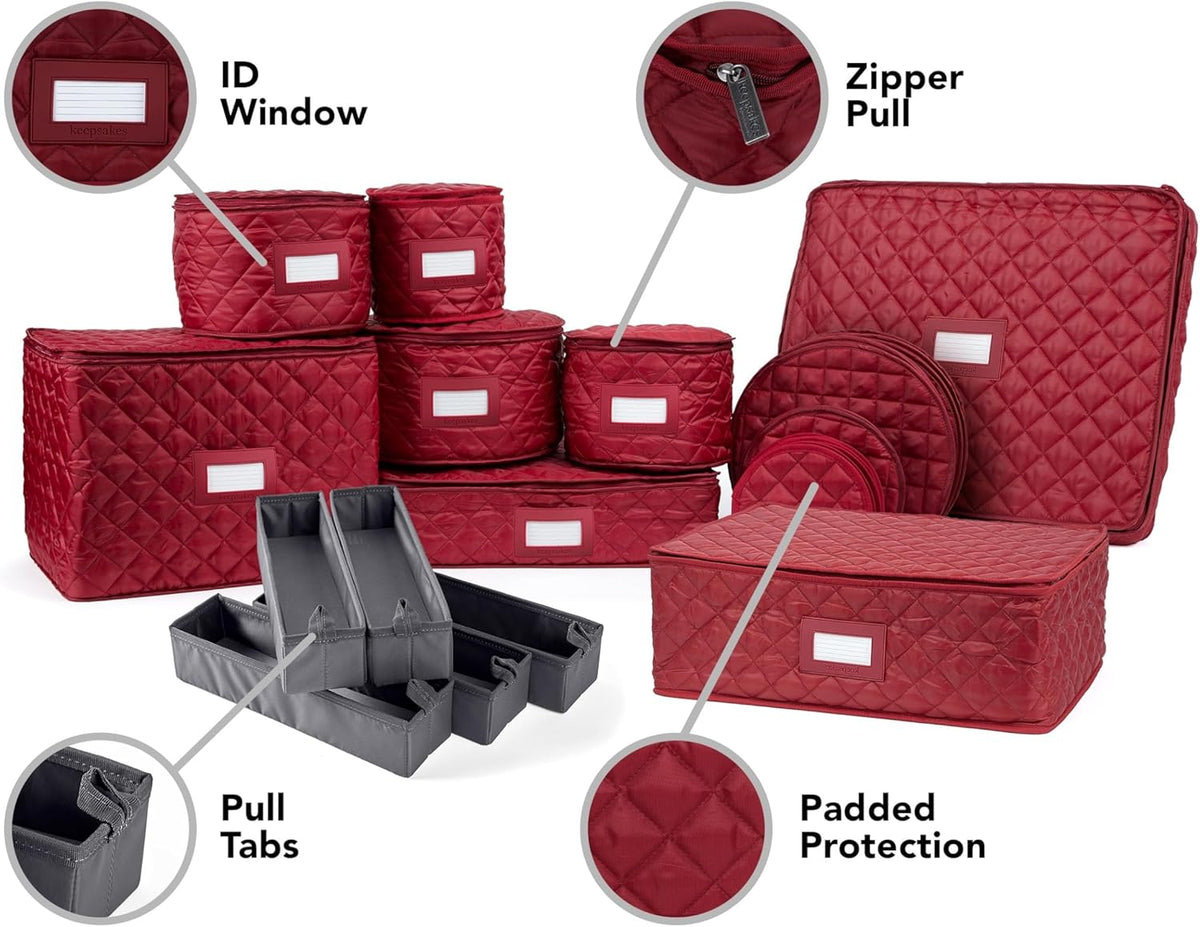 Covermates Keepsakes - Dish Storage Set - Padded Protection - ID Window - Stain Resistant - Machine Washable - China Storage, Red