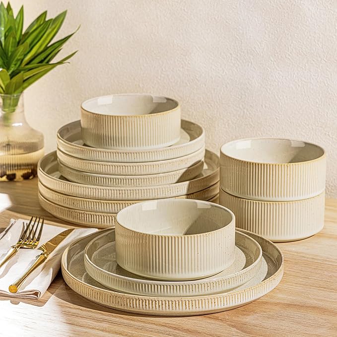 TheTerra Ceramic Dinnerware Sets for 4, 12 Pieces Porcelain Lightweight Speckled Plates and Bowls Sets, Scratch Resistant Dish Set, Oven & Microwave & Dishwasher Safe