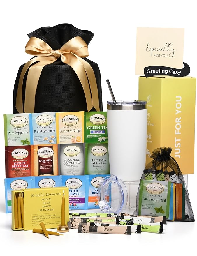 Tea Lovers Gifts Basket - Gift Set Includes Candles, Temperature Retention Cup, 12 Special Blend Teabags & Sweeteners in Gift Bag For Women & Men - Birthday, Get Well, Thinking of You Care Package