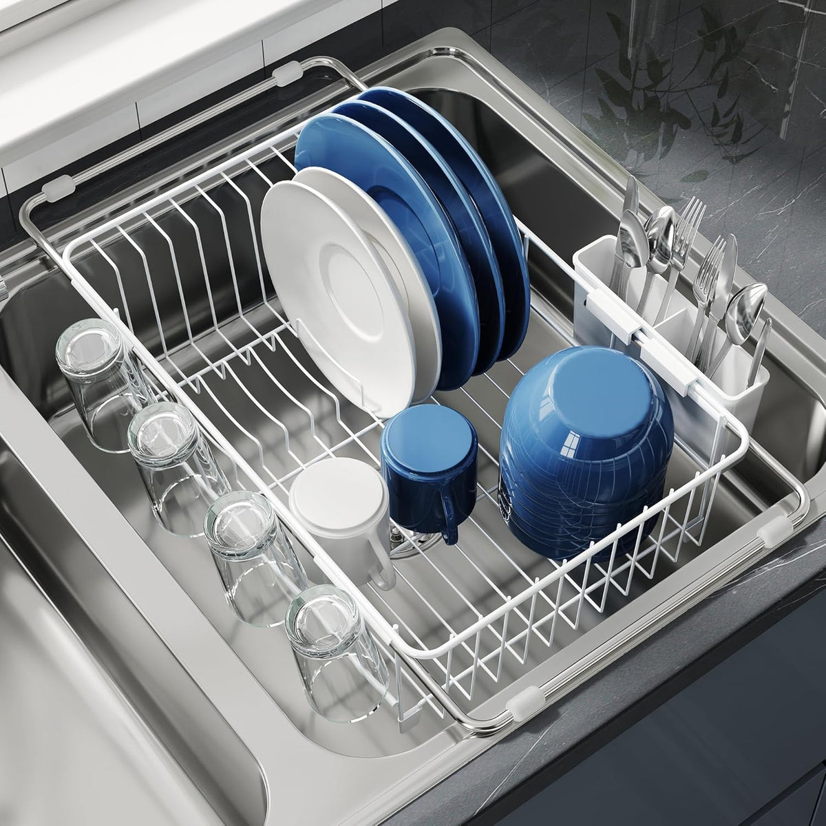 JASIWAY Dish Drying Rack in Sink, Small Dish Drainers for Inside Sink, Over The Sink Dish Racks, Stainless Steel Drying Rack with Utensil Holder, White
