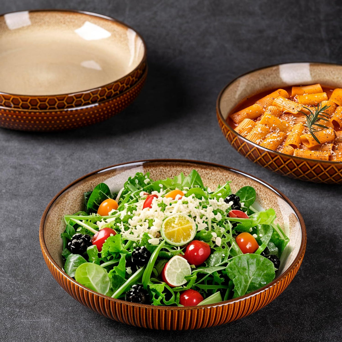 GBHOME 9.5'' Large Pasta Bowls, 42 Ounce Stoneware Salad Bowls for Kitchen, Ceramic Serving Bowls With Textured Pattern for Pasta,Fruit, Stews,Noodle, House-warming Gift, Set of 4-Caramel
