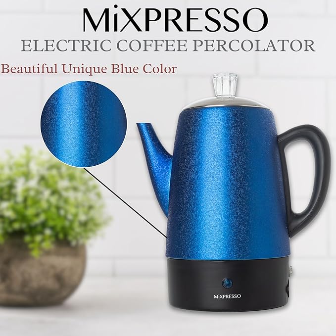Mixpresso 10 Cup Percolator Coffee Pot Electric, Stainless Steel Coffee Percolator Electric With Keep Warm Function, Classic Perculator Pot With Removable Basket for Home or Office - Shiny Blue