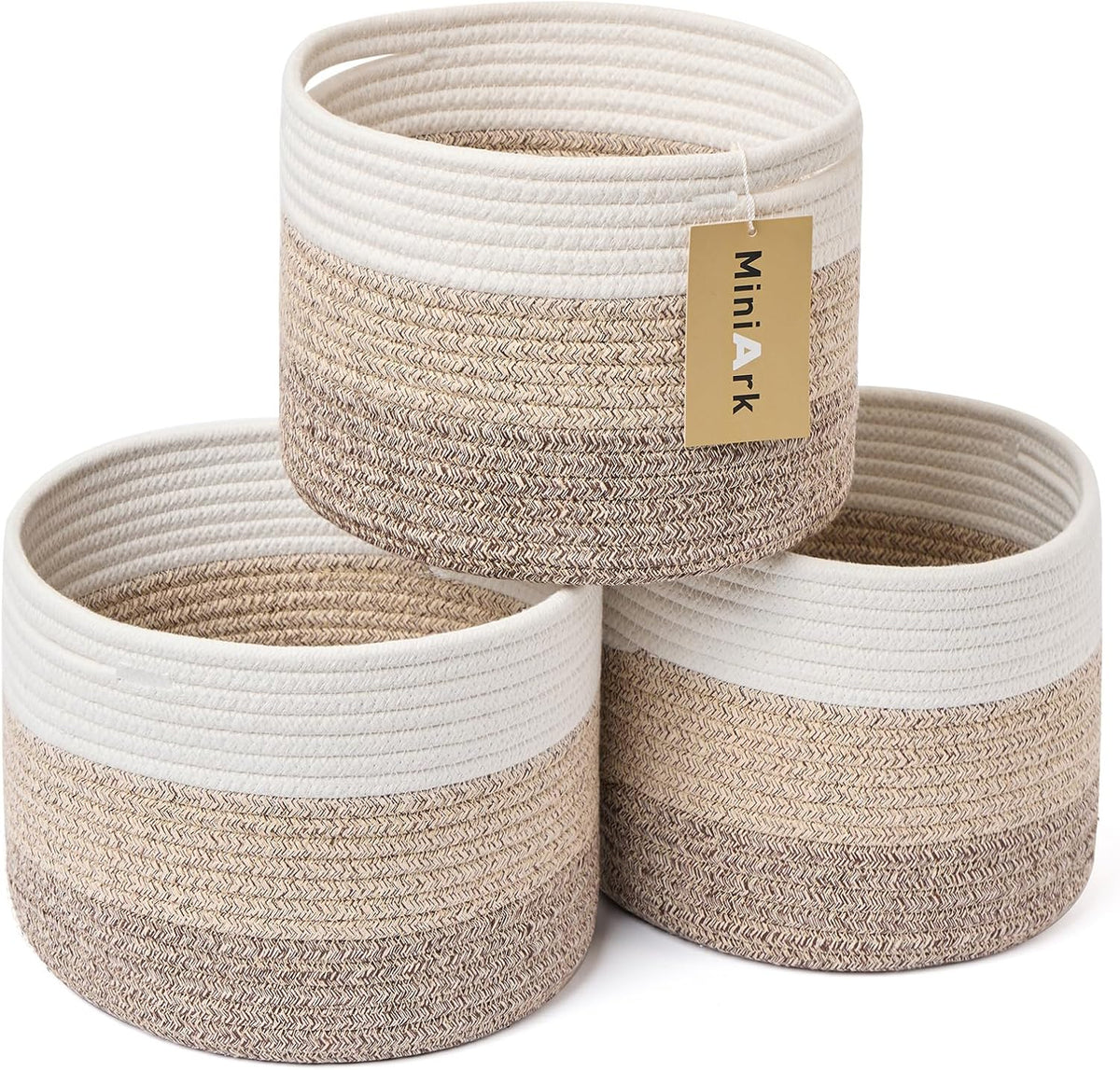 Small Basket for Organizing | Cube Shelf Closet Storage Baskets | 9.7×9.7×7.1” | Woven Rope Gift Basket | Nursery | Round 3 Packs Gradient Brown