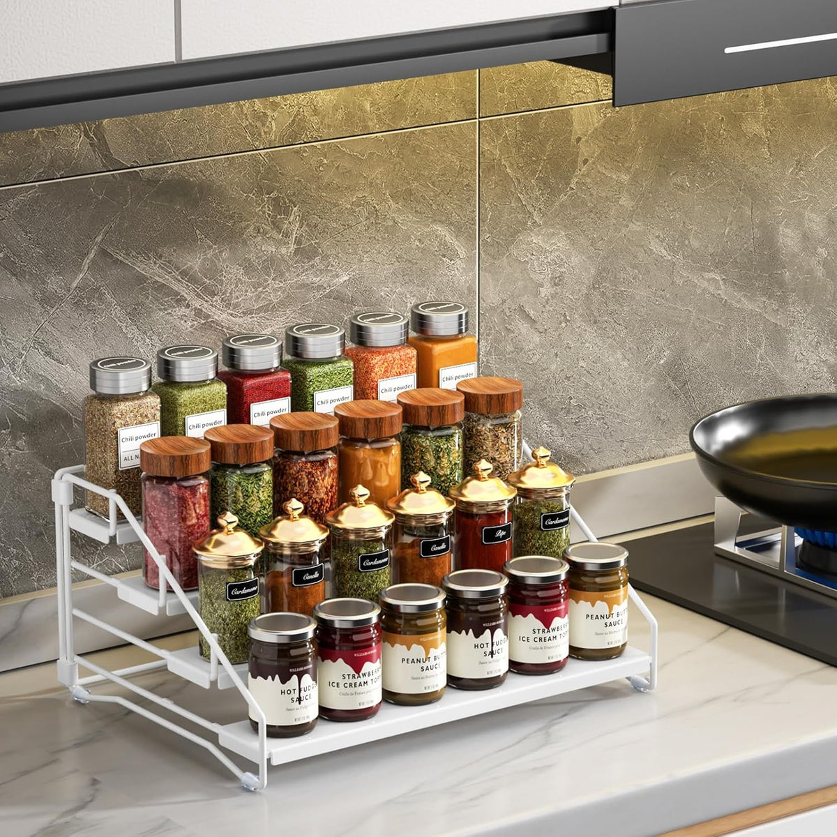 RCHYFEED Spice Rack Organizer for Cabinet, 4 Tier Spice Organization for Cabinet Depth Adjustable,Tierd Spice Rack Seasoning Organizer for Kitchen Countertop Pantry, Metal(1 Pack)