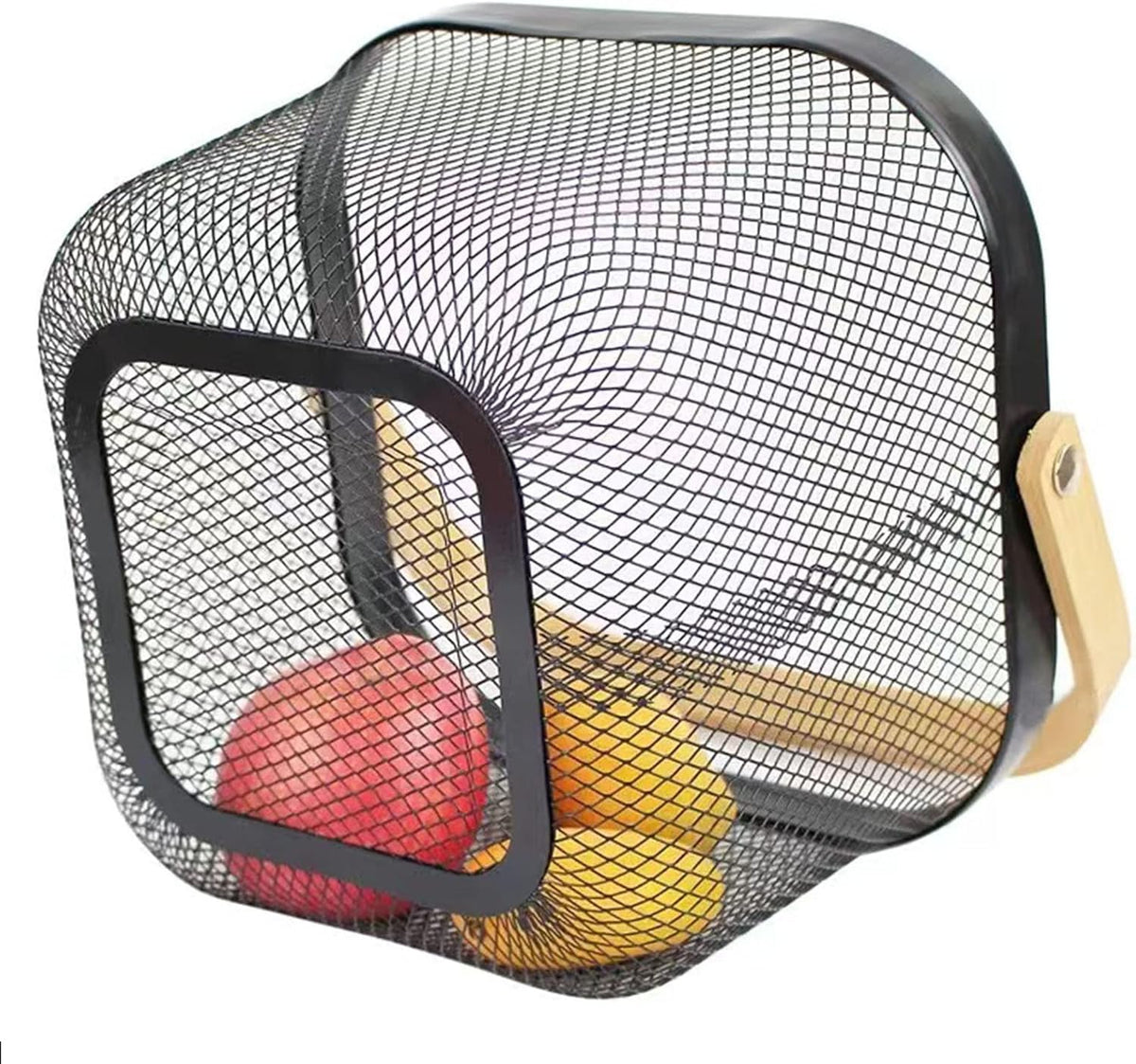 Metal Mesh Steel Basket, Storage Organizer Basket Multi-functional Hanging Kitchen Baskets Fruit Basket Bin with Bamboo Handle for Kitchen Bathroom Picnic Shopping Decor Cabinet Home, Black
