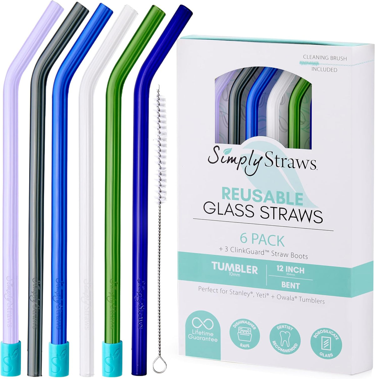 Simply Straws 12 Inch Glass Straws Bent (6-Pack) – Reusable Glass Straws for Stanley 40 Oz Tumbler, with Cleaning Brush – Durable, Dishwasher Safe, Hot & Cold Use, BPA-Free (Seaglass)