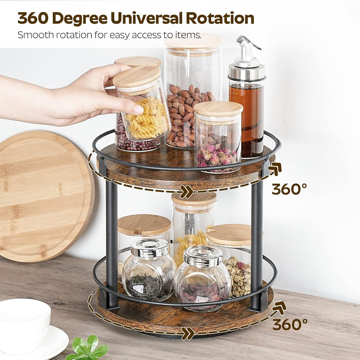 Lazy Susan Organizer, Rotating Spice Rack, 2 Tier Spice Turntable Organizer, Industrial Turntable Spice Holder, for Kitchen Countertop and Cabinet, Compact and Versatile, Rustic Brown SR22BR