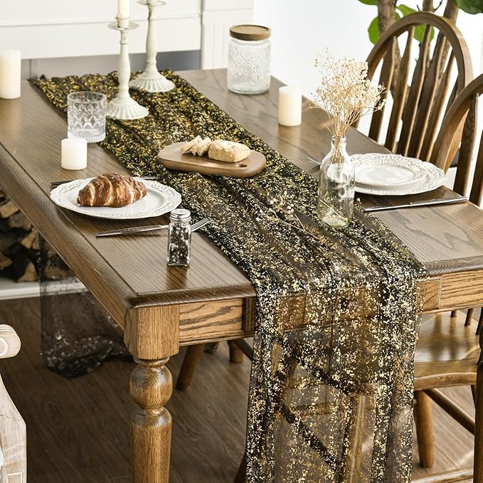 Artoid Mode Black Gold Gauze Table Runner 120 Inch 10FT, Glitter Metallic Foil Sheer Dining Wedding Anniversary Holiday Birthday Table Decor for Home Party