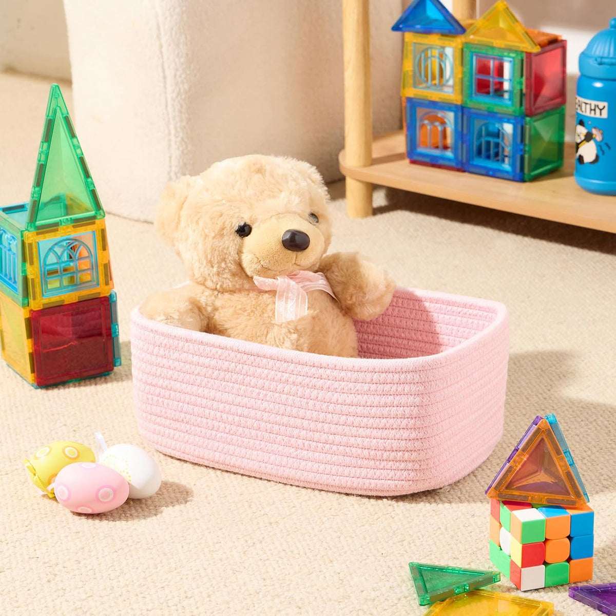 Small Storage Baskets for Organizing | Closet Organizer Bins | Shelf Toy Basket | Woven Rope Baskets | Cube Decorative Box | Shallow Basket | 11.5x7.5x4.7” | 3 Packs Light Pink