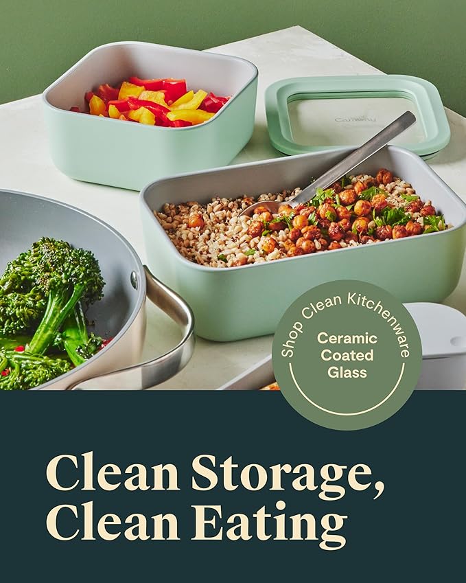 Caraway 3pc Glass Food Storage Set - 10, 6.6, & 4.4 Cup Containers - Ceramic Coated - Non-Toxic Non-Stick Lunch Box With Glass Lids - Dishwasher, Oven, & Microwave Safe - Gray
